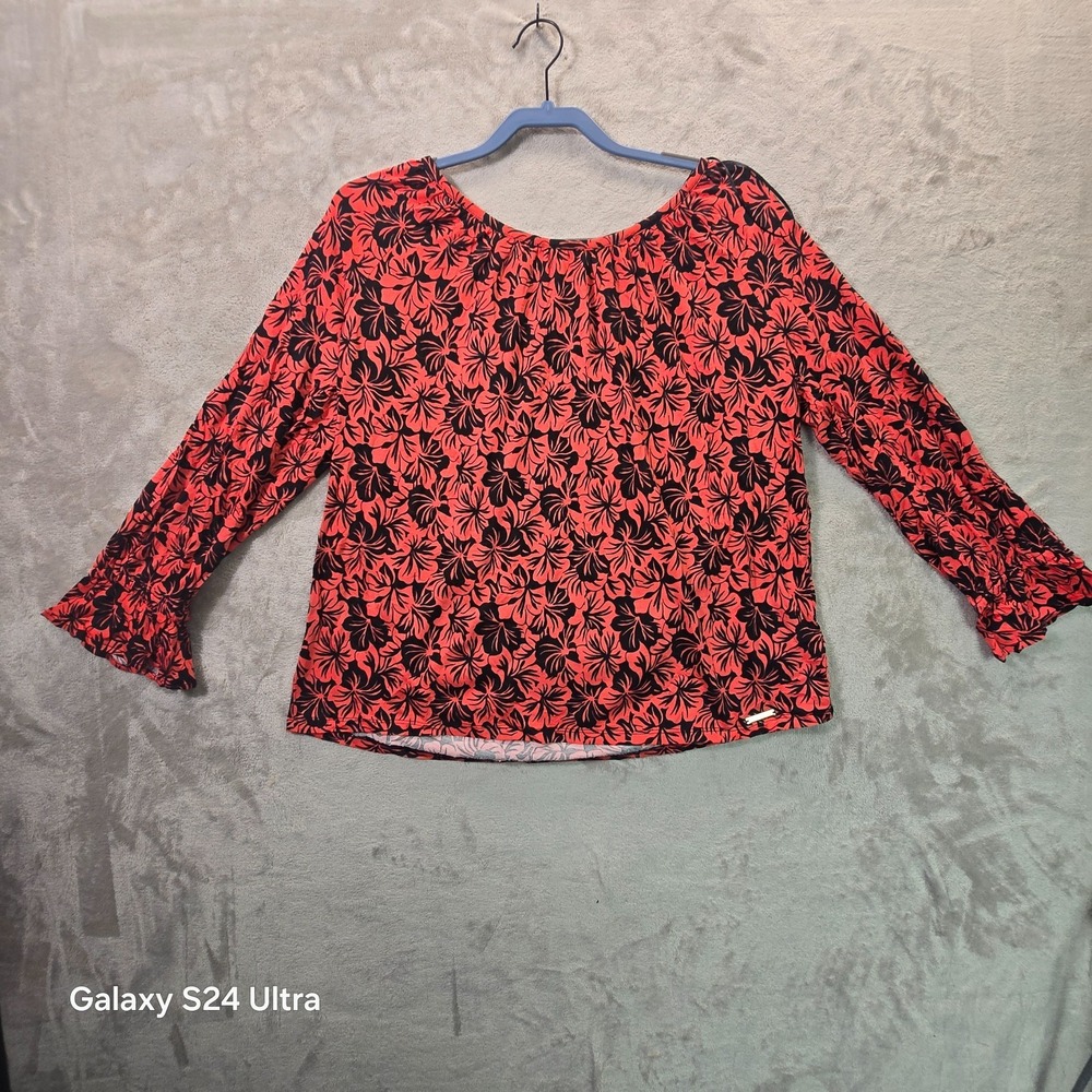 Michael Kors Blouse Top Womens Large Red Black Floral Print Cotton Round Neck